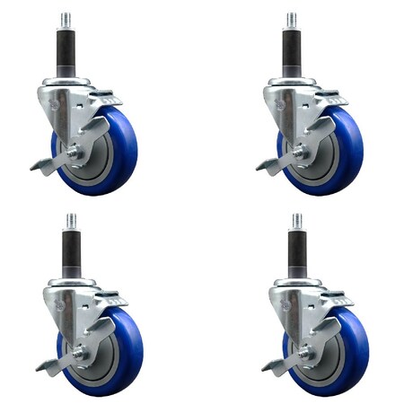 Service Caster 4'' Blue Poly Swivel 1'' Expanding Stem Caster Set with Brake, 4PK SCC-EX20S414-PPUB-BLUE-TLB-1-4